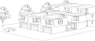 Kulübeler, kasaba evleri proje planı, 3 boyutlu illüstrasyon  