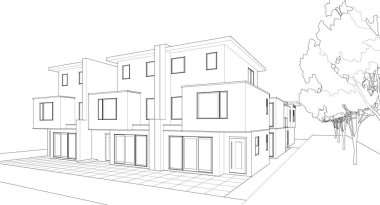 Kulübeler, kasaba evleri proje planı, 3 boyutlu illüstrasyon  