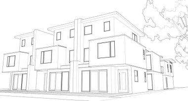 Kulübeler, kasaba evleri proje planı, 3 boyutlu illüstrasyon  