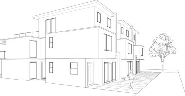 Kulübeler, kasaba evleri proje planı, 3 boyutlu illüstrasyon  