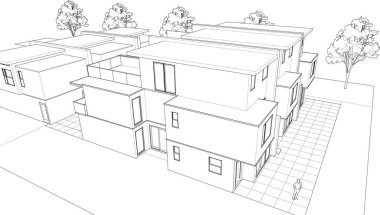 Kulübeler, kasaba evleri proje planı, 3 boyutlu illüstrasyon  