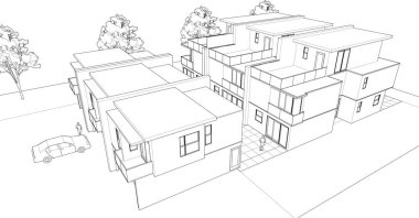 Kulübeler, kasaba evleri proje planı, 3 boyutlu illüstrasyon  