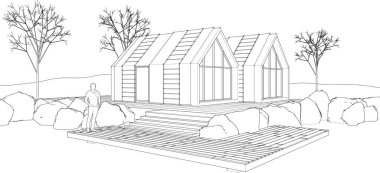 Kasaba evleri proje planı, 3D illüstrasyon  