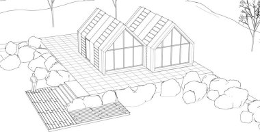 Kasaba evleri proje planı, 3D illüstrasyon  