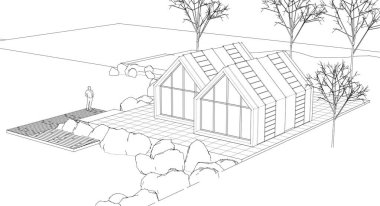 Kasaba evleri proje planı, 3D illüstrasyon  