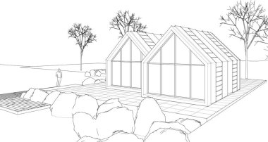 Kasaba evleri proje planı, 3D illüstrasyon  