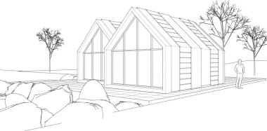 Kasaba evleri proje planı, 3D illüstrasyon  