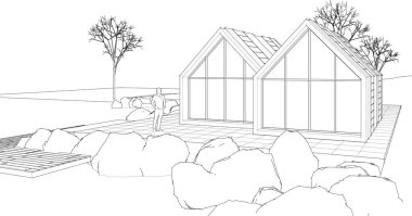 Kasaba evleri proje planı, 3D illüstrasyon  