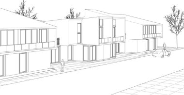 Kasaba evleri proje planı, 3D illüstrasyon  