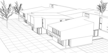 Kasaba evleri proje planı, 3D illüstrasyon  