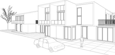 Kasaba evleri proje planı, 3D illüstrasyon  