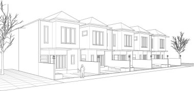 Kasaba evleri proje planı, 3D illüstrasyon  