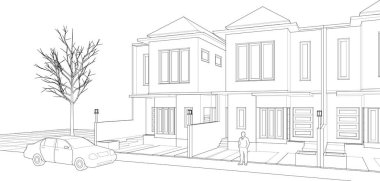 Kasaba evleri proje planı, 3D illüstrasyon  