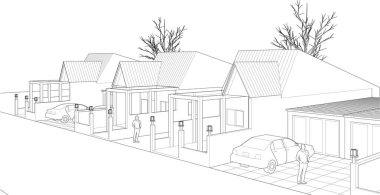 Kasaba evleri proje planı, 3D illüstrasyon  