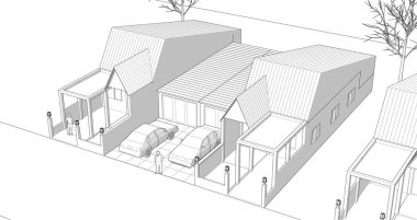 Kasaba evleri proje planı, 3D illüstrasyon  