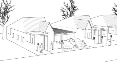 Kasaba evleri proje planı, 3D illüstrasyon  