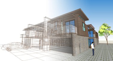 Modern ev çizimi 3d illüstrasyon