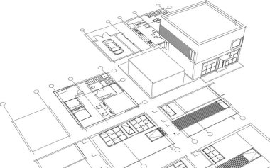 ev mimarisi çizimi 3 d illüstrasyon