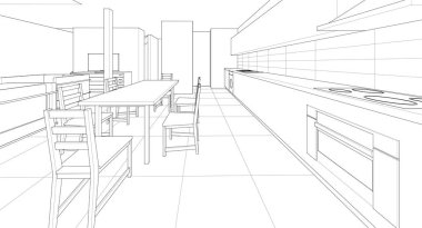 Mutfak çizimi, siyah ve beyaz, 3 boyutlu resim