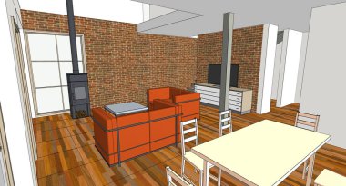 3 boyutlu modern bir ev ve büyük bir mutfak.