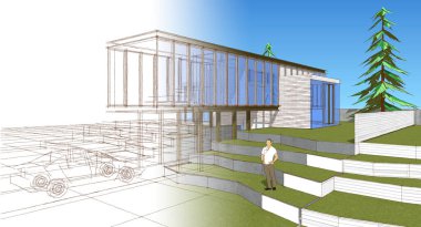 Modern mimari çizimi 3D illüstrasyon