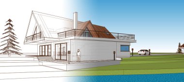 ev mimarisi çizimi 3 d illüstrasyon