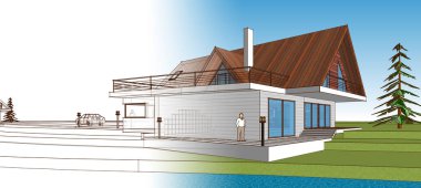 ev mimarisi çizimi 3 d illüstrasyon