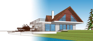 ev mimarisi çizimi 3 d illüstrasyon