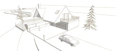 ev mimarisi çizimi 3 d illüstrasyon