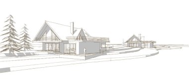 ev mimarisi çizimi 3 d illüstrasyon