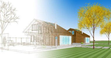 ev mimarisi çizimi 3 d illüstrasyon