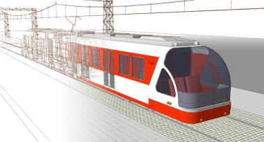 Beyaz zemin üzerinde kırmızı çizgiler olan modern şehir tramvayı