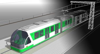 Yeşil bir tramvayın 3 boyutlu resmi