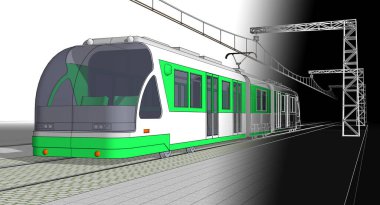 Yeşil tramvayın üç boyutlu resmi, üzerinde çizgiler ve noktalar olan beyaz arka plan. yüksek kalite 3d oluşturucu