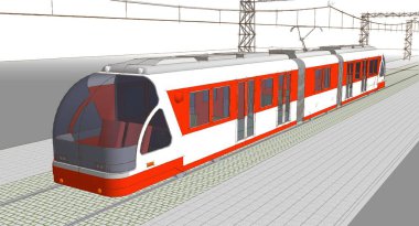 Platformdaki hatları olan kırmızı tren. 3d illüstrasyon