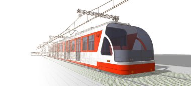 Modern elektrikli tramvay 3 boyutlu illüstrasyon. Beyaz arka planda izole edilmiş. 3d oluşturma