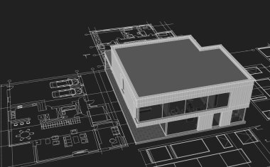 Modern ev mimari projesi 3 boyutlu illüstrasyon