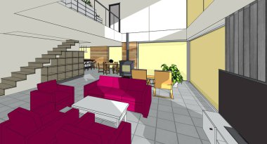 iç tasarım, modern ev, 3 boyutlu illüstrasyon