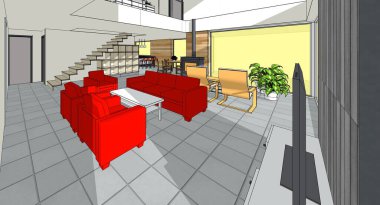 Oturma odasının 3 boyutlu görüntüsü.