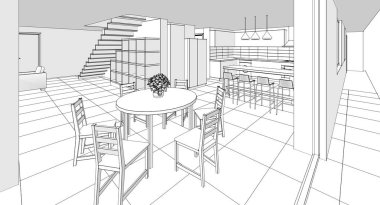 Modern mutfağın 3 boyutlu iç mekanı.