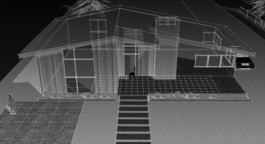 ev mimarisi çizimi 3 d illüstrasyon