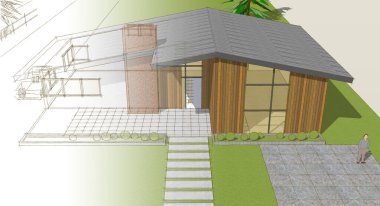 Tepedeki garajı satılık ya da kirayla satılan modern konforlu ev. Temiz arkaplanda çizgi çizimi