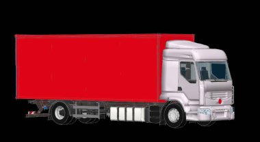 Gri arkaplandaki mesajın için beyaz boş alanı olan kırmızı kamyon. 3d oluşturma