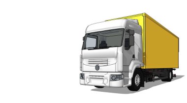 Beyaz kargo karavanına sahip sarı kamyon beyaz arka planda izole edildi