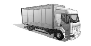 Beyaz arkaplanı olan 3 boyutlu bir römork çizimi