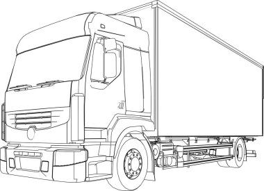 Kargo kamyonunun vektör görüntüsü. Beyaz arkaplanda siyah çizgiler