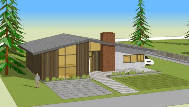 Modern ev çizimi 3D illüstrasyon