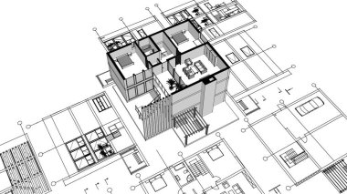 ev mimarisi çizimi 3 d illüstrasyon