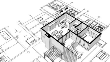 ev mimarisi çizimi 3 d illüstrasyon
