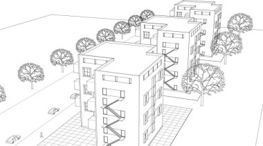 Mimari çizimi olan modern bir ev. 3 boyutlu resim.